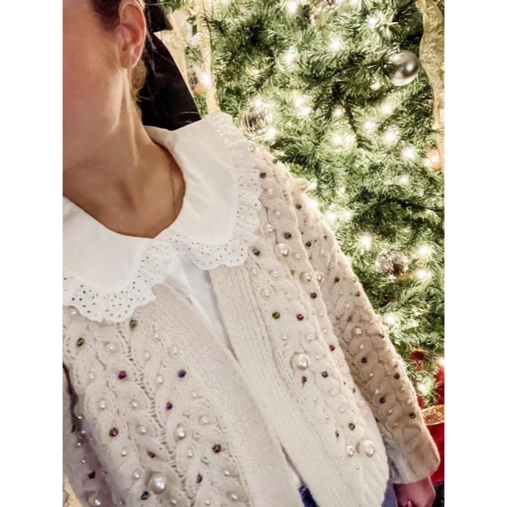 Anthropologie Maeve Embellished Cardigan One Size Cream Pearls - Picture 13 of 14
